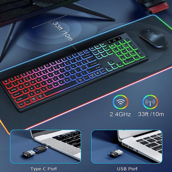 2.4G Wireless Keyboard Mouse Combo RGB Backlit Rechargeable Full-Size Ergonomic Type-C Wireless Keyboard Mouse Set - Image 2