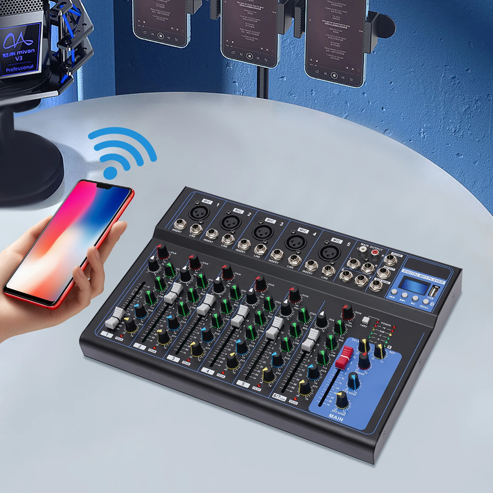 Bluetooth Portable 7-Channel Audio Mixer with USB DJ Sound Mixing Console MP3 Jack 48V Power for Studio Recording - Image 3