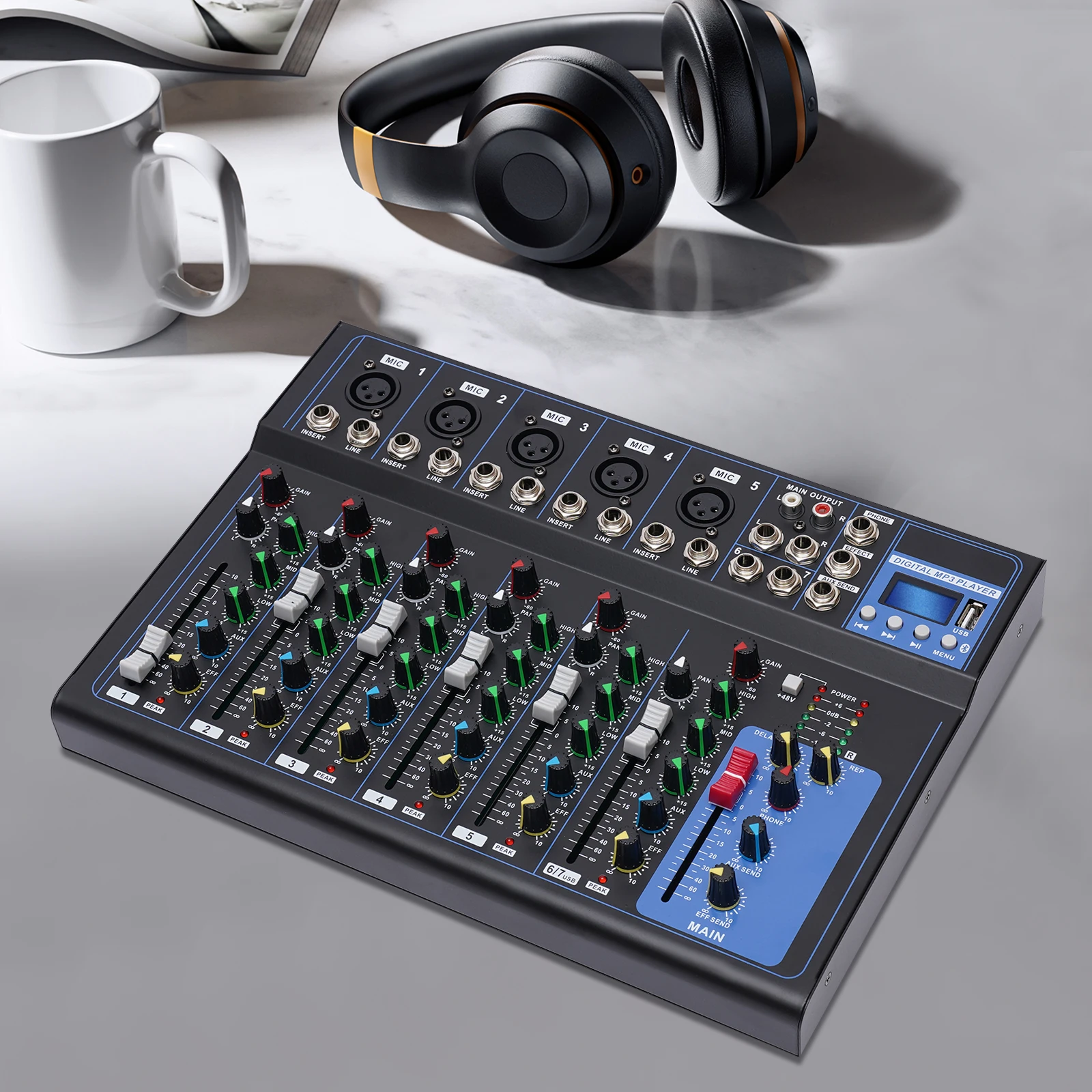 Bluetooth Portable 7-Channel Audio Mixer with USB DJ Sound Mixing Console MP3 Jack 48V Power for Studio Recording - Image 6