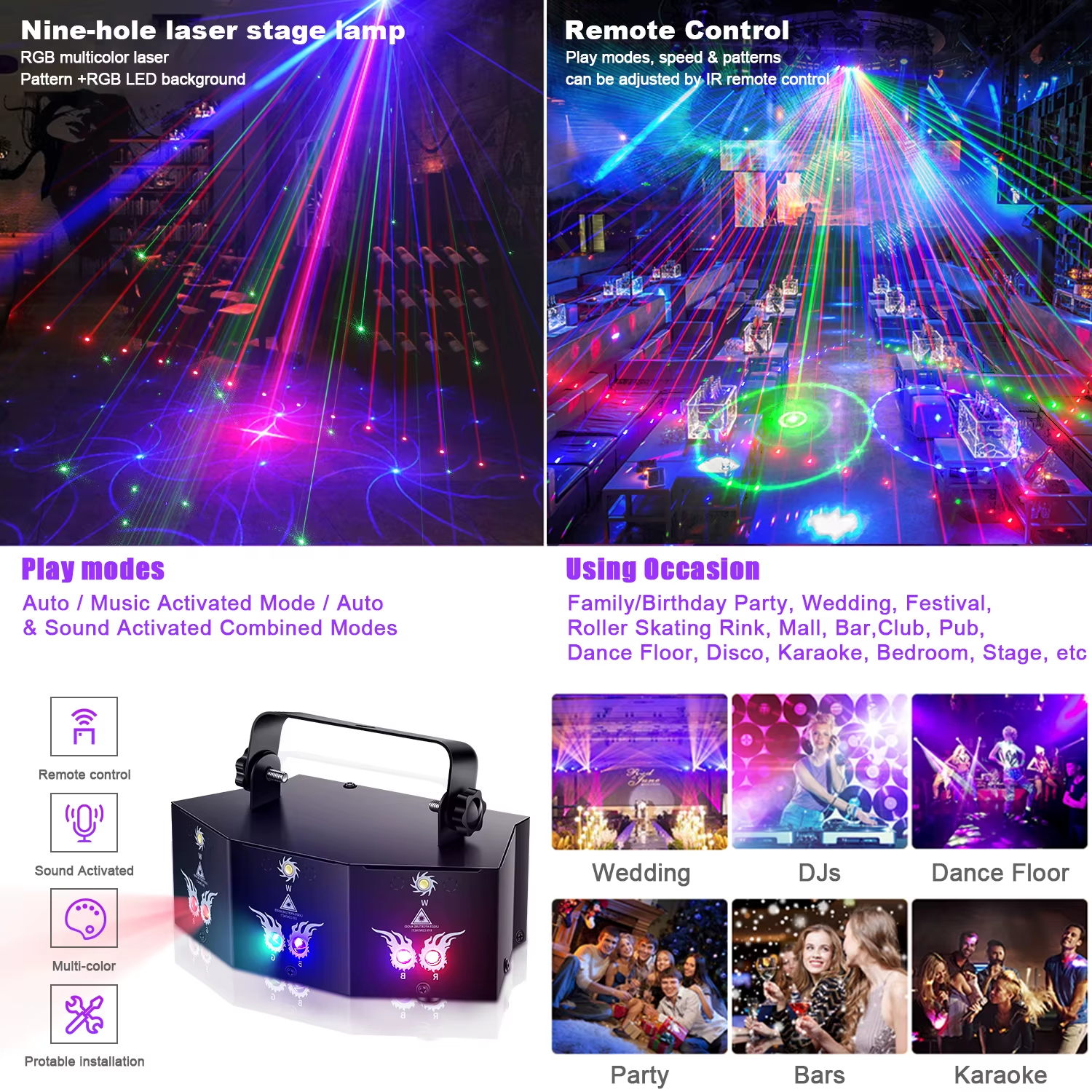 9 Eyes Projector RGB Laser Party Light Remote Control Stage Effect Lighting 7CH DMX512 Nightclub Lights for DJ Disco Show - Image 3