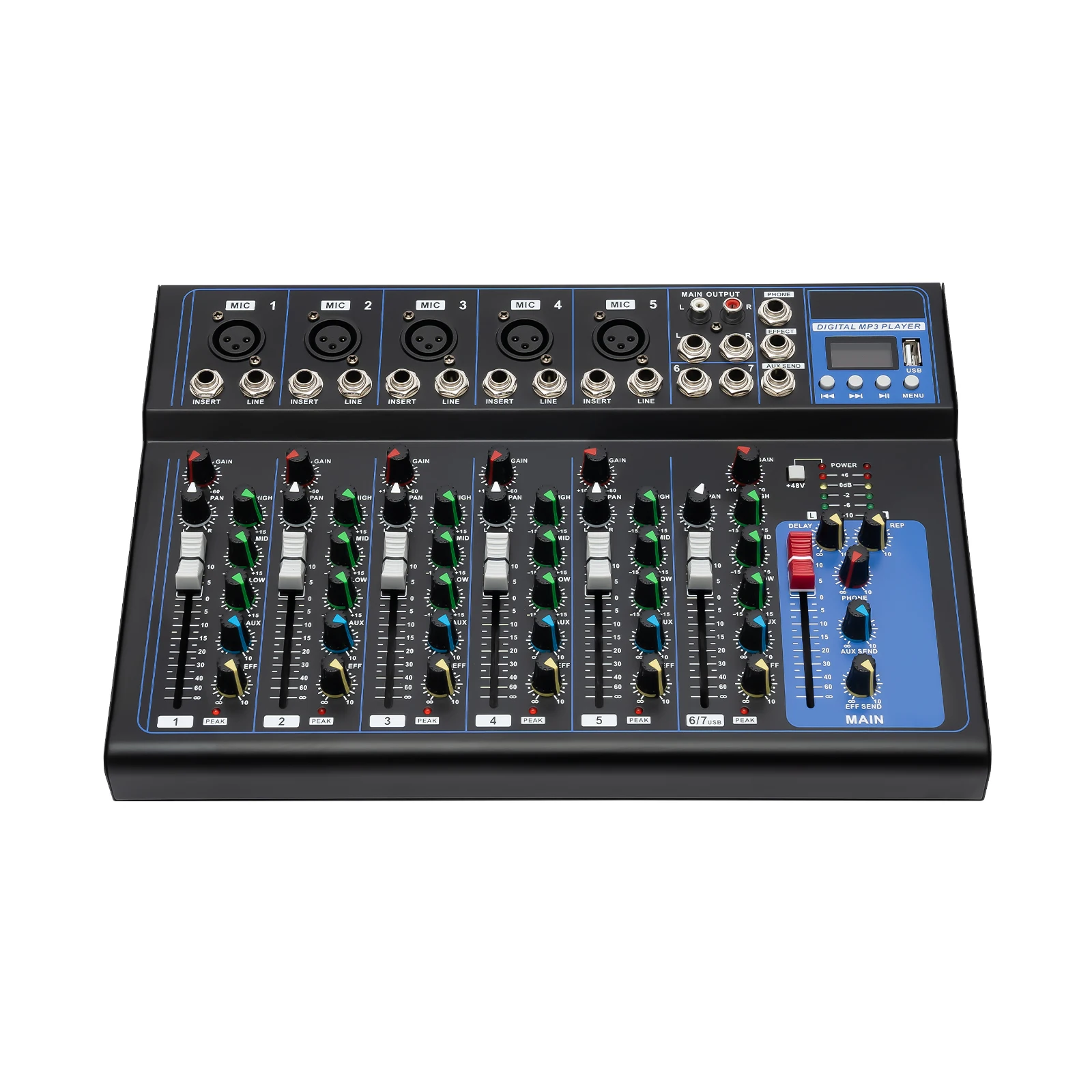 Bluetooth Portable 7-Channel Audio Mixer with USB DJ Sound Mixing Console MP3 Jack 48V Power for Studio Recording