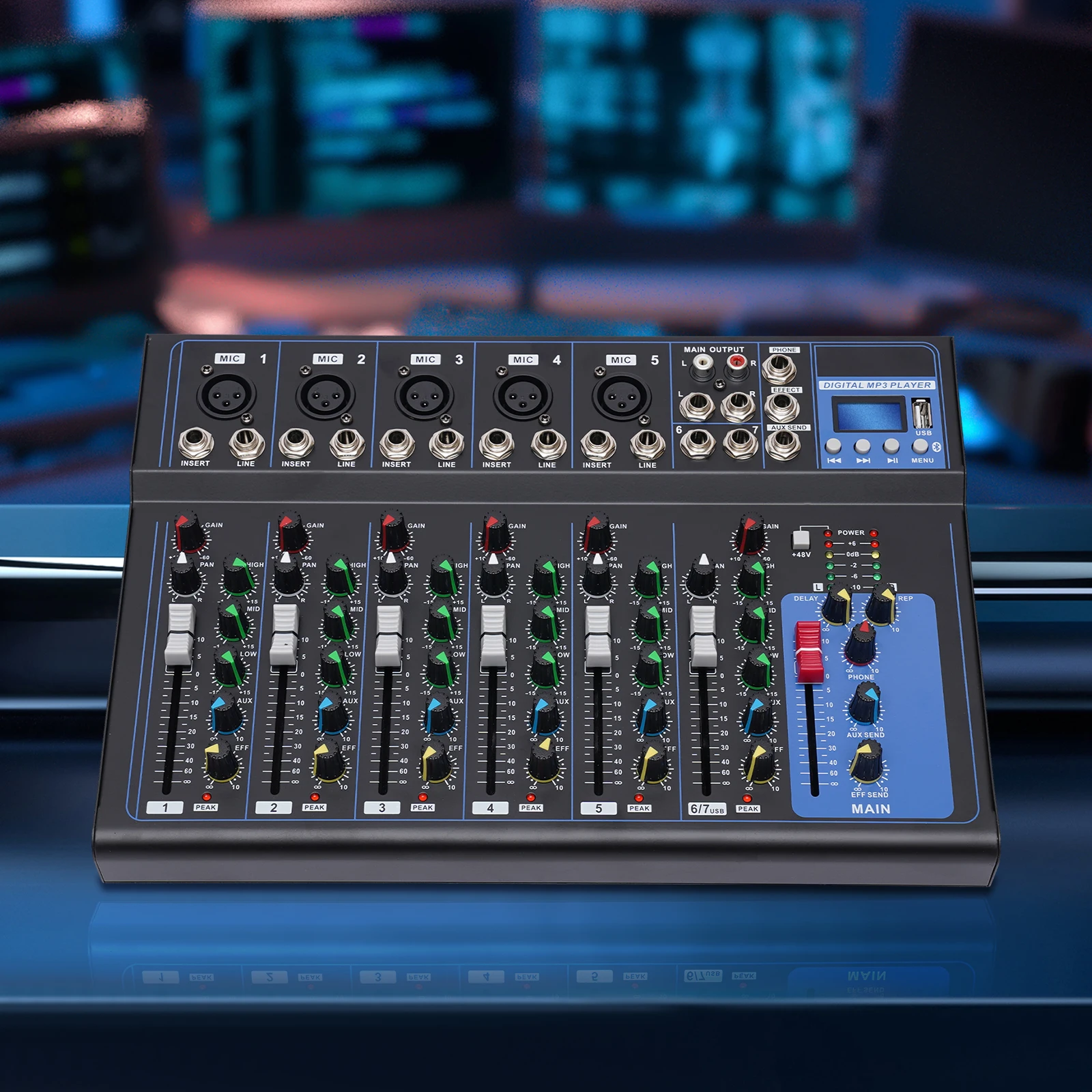 Bluetooth Portable 7-Channel Audio Mixer with USB DJ Sound Mixing Console MP3 Jack 48V Power for Studio Recording - Image 4