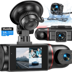 Dash Cam Front and Rear inside 3 Channel Dashcam for Cars 1080P with 64GB Card Adjustable Lens 3 Ways Triple Camera with Night Vision, G-Sensor, Loop Recording, Parking Monitor
