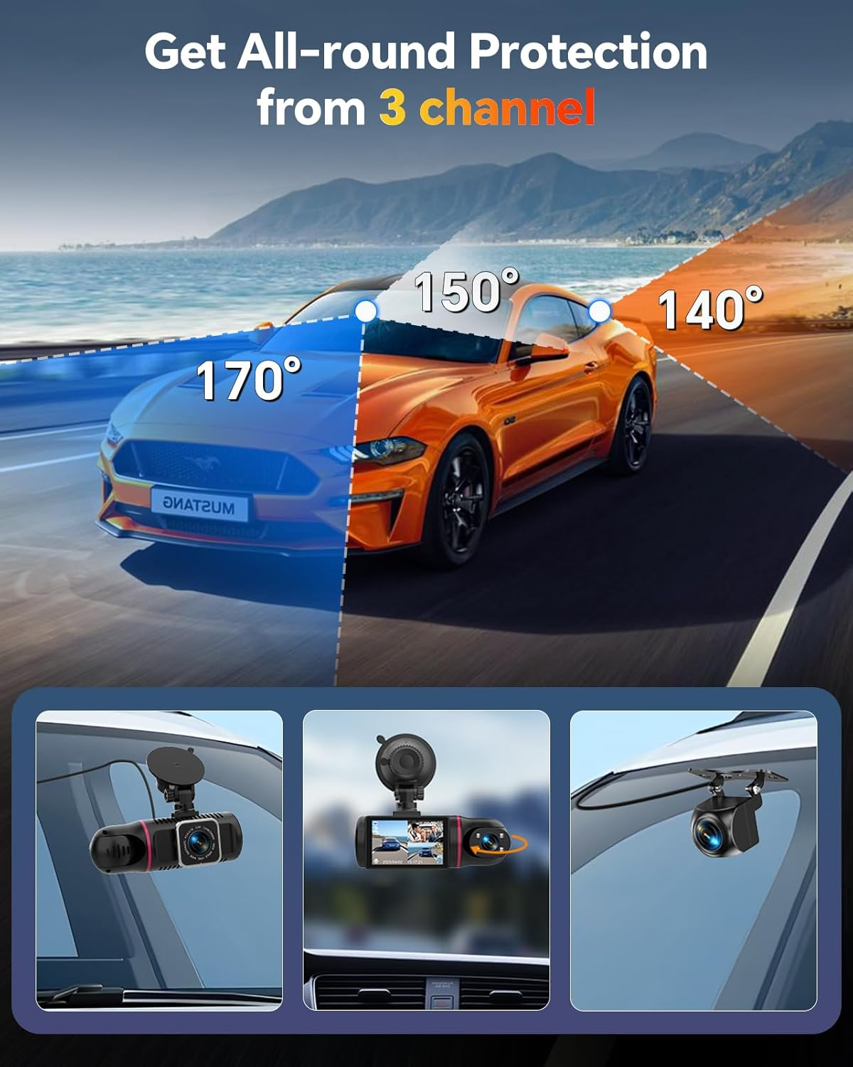 Dash Cam Front and Rear inside 3 Channel Dashcam for Cars 1080P with 64GB Card Adjustable Lens 3 Ways Triple Camera with Night Vision, G-Sensor, Loop Recording, Parking Monitor - Image 6