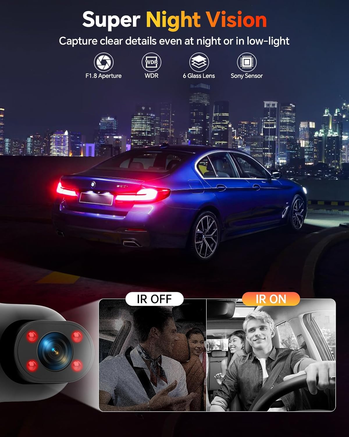 Dash Cam Front and Rear inside 3 Channel Dashcam for Cars 1080P with 64GB Card Adjustable Lens 3 Ways Triple Camera with Night Vision, G-Sensor, Loop Recording, Parking Monitor - Image 3