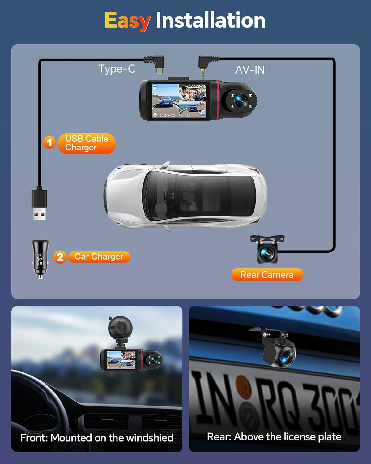 Dash Cam Front and Rear inside 3 Channel Dashcam for Cars 1080P with 64GB Card Adjustable Lens 3 Ways Triple Camera with Night Vision, G-Sensor, Loop Recording, Parking Monitor - Image 8