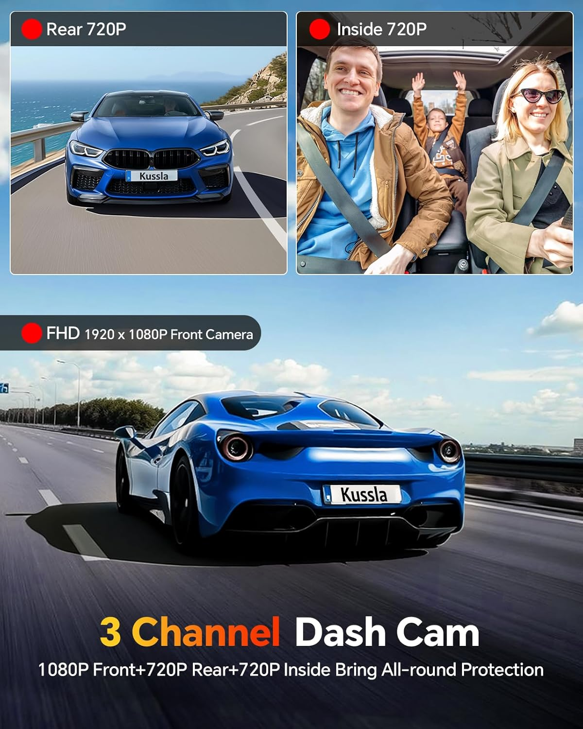 Dash Cam Front and Rear inside 3 Channel Dashcam for Cars 1080P with 64GB Card Adjustable Lens 3 Ways Triple Camera with Night Vision, G-Sensor, Loop Recording, Parking Monitor - Image 2